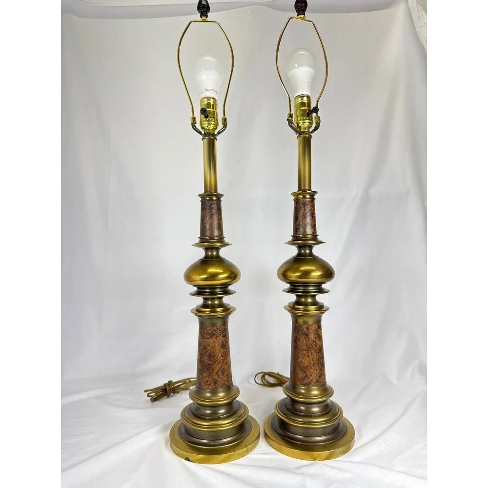 Vintage Solid Brass Table Lamp Pair Hollywood Regency Faux‎ Wood Accent Lighting